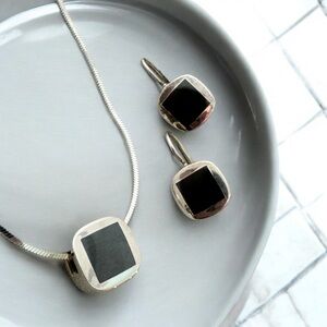 Sterling‎ Silver Hermatite Necklace and Earring Set 18" Dangle Drop .925 Black